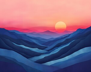 Wall Mural - Abstract Landscape Retro Modern Sunset Minimalist Nature Art Mountain Valley Painting Colorful Sunrise Scenery, Scenic Travel Wallpaper Tourism Backdrop Camping Hiking Background