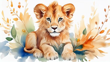 Poster - watercolor lion design, sitting cub animal for graphic composition