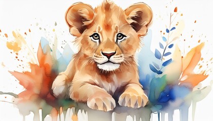 Wall Mural - watercolor lion design, sitting cub animal for graphic composition