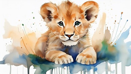 Wall Mural - watercolor lion design, sitting cub animal for graphic composition