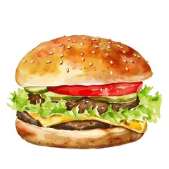 A watercolor painting of a delicious cheeseburger with lettuce, tomato, and pickles. The burger is on a sesame seed bun and is dripping with melted cheese.