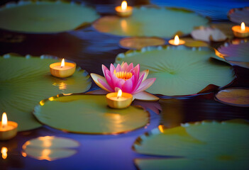 Poster - A pool with lit candles and water lilies floating on the surface