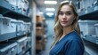 © Graphics Box - Woman wearing medical scrubs standing in the storage room at work