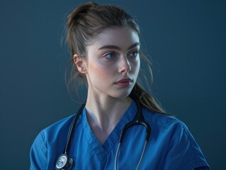 Compassionate care a young woman medical professional in blue scrubs