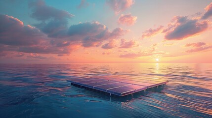 Wall Mural - A serene coastal scene with a solar panel array integrated into a floating platform, utilizing the sun's energy on the open sea, with space for text or graphics along the horizon