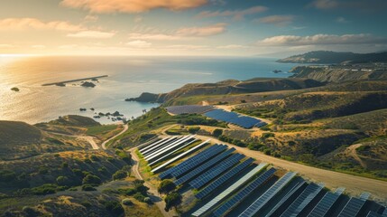 Wall Mural - A clean energy facility nestled in a picturesque coastal area, showcasing arrays of solar panels and energy storage units, with empty space for text or graphics along the horizon