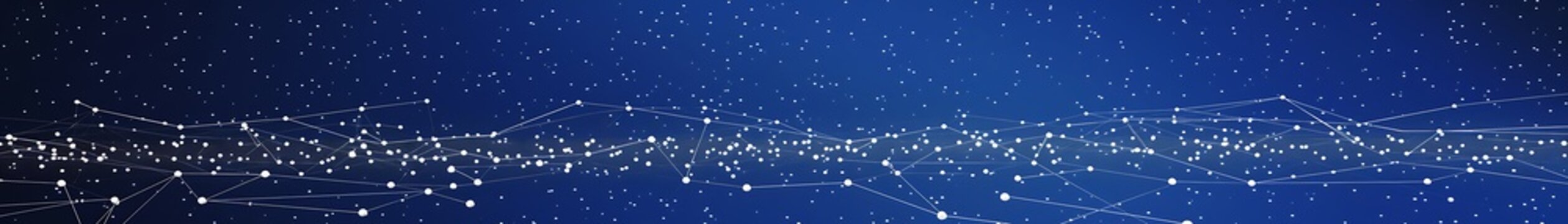 A constellation-like arrangement of white dots connected with silver lines against a deep blue celestial background