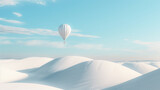 A white-hot air balloon is floating in the sky above a snow-covered hill. The scene is serene and peaceful, with the balloon being the only object in the image