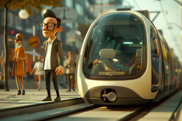 Cartoon people use public transportation go to work in the future. Futuristic city. Ecology friendly system. Smart intelligent transportation. Generative AI.