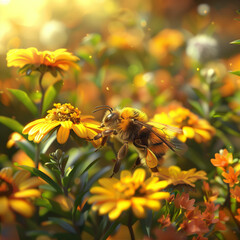 bee on yellow flower, Bee swarming around bright flowers