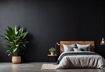Wall Mural - bed interior room with potted plant on black background