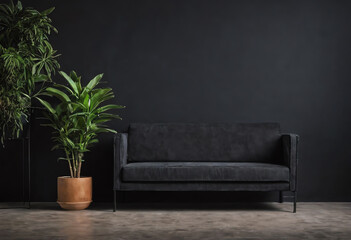 Wall Mural - black sofa interior with black wall copy space