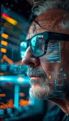 Fototapete - Closeup of a businessman wearing augmented reality glasses, viewing virtual data visualizations.