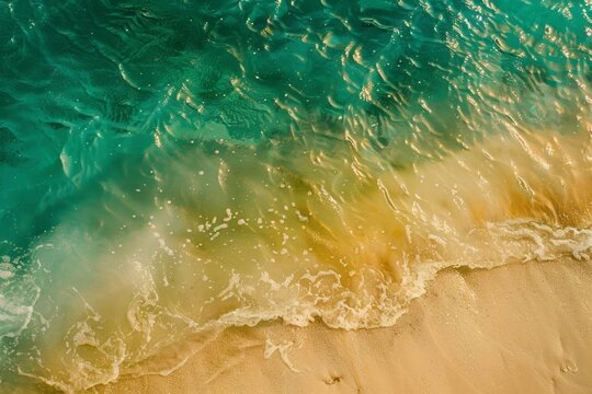 A close up of a green and yellow ocean surface is portrayed in a style that includes minimal retouching, aerial view, turquoise and beige tones, and romantic scenery.