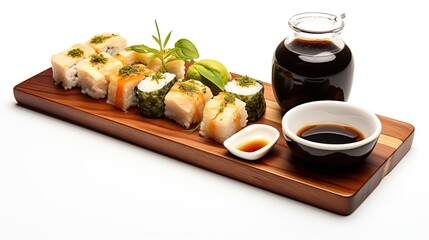 Wall Mural - Sushi Set nigiri sashimi and sushi rolls on wooden serving board with soy sauce over white background