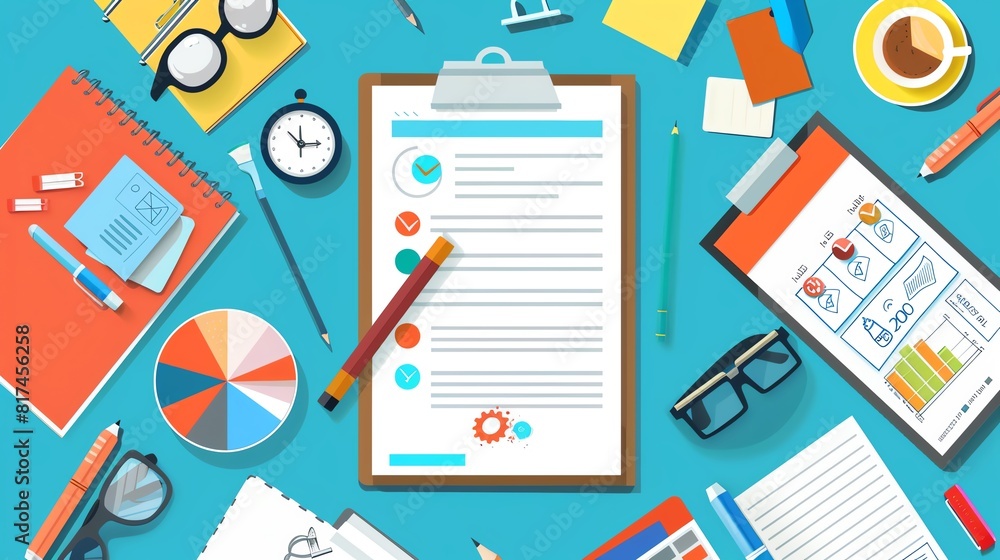 Ilustración de Stock Social media audit checklist flat design, top view ...