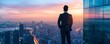 © Samon - A CEO at dawn, overlooking a cityscape, commanding a global business from the top of a skyscraper, visionary and powerful