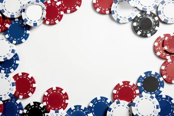 poker chips frame on a white background with a free space in the middle
