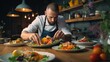 © Daisha - a chef who is serving food on a wooden table. The chef seemed focused on decorating the food carefully.