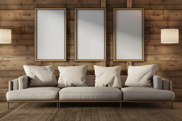 Mock Up three Poster Frames on the wood wall in living room with white couch, luxury tropical interior, 3d interior illustration.