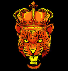 Poster - vector illustartion of Leopard Head with crown on black background