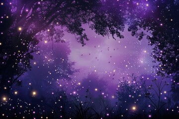 Wall Mural - A mystical forest clearing with fireflies dancing in the air, under a canopy of stars and a purple sky, Generative AI