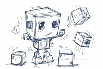 Cartoon cute doodles of a playful robot with its body assembled from disjointed cubes and rectangles, Generative AI