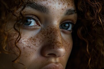 A close-up of a woman with freckles on her face, showcasing her unique skin features