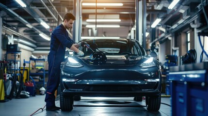 A mechanic fixing a car in an automotive factory AIG41