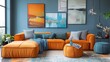 © kvladimirv - Modern Living Room with Orange Sofa and Contemporary Wall Art Decor
