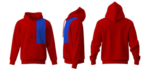 Set of red hoodie, and sweatshirt on a transparent background cutout, in PNG format. Mockup template for artwork and graphic design.