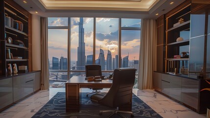 A private office with a panoramic view of the city skyline