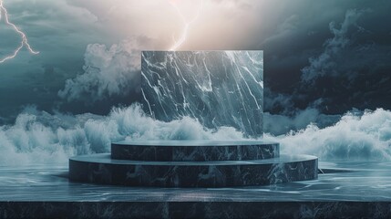 3d podium stage in the storm land background 