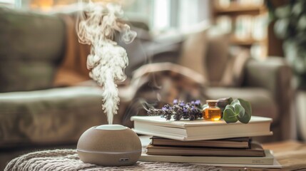 aromatic steam rises from an essential oil diffuser placed on a cozy, book-strewn table with natural