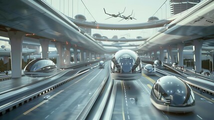 Wall Mural - futuristic transportation concept with flying cars and highways, featuring a yellow line and a silver and gray train