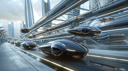 Wall Mural - futuristic transportation concept with flying cars and highways in the background