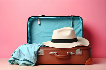 Packed suitcase on color background. Travel concept