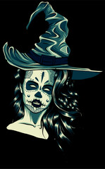 Sticker - beautiful witch in a classic hat and coloured hair on black background