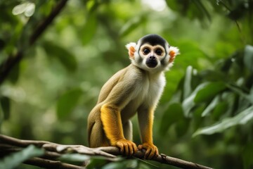 'monkey squirrel ecuadorian jungle look mammal america nature primate rainforest south tree branch wildlife common amazon animal wild outside outdoors tiny cute expression closeup american face'