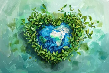 A painting of a heart made of leaves and a globe