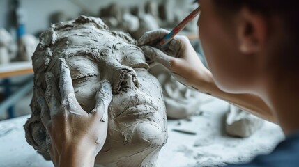 Using water and clay, the artist crafts a sculpture of a man's head, focusing on the jaw for an intricate carving. This art form dates back to ancient history. AIG41