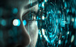 © theevening - Futuristic digital eye data network cyber security technology background with virtual cyberspace internet surveillance and binary code.