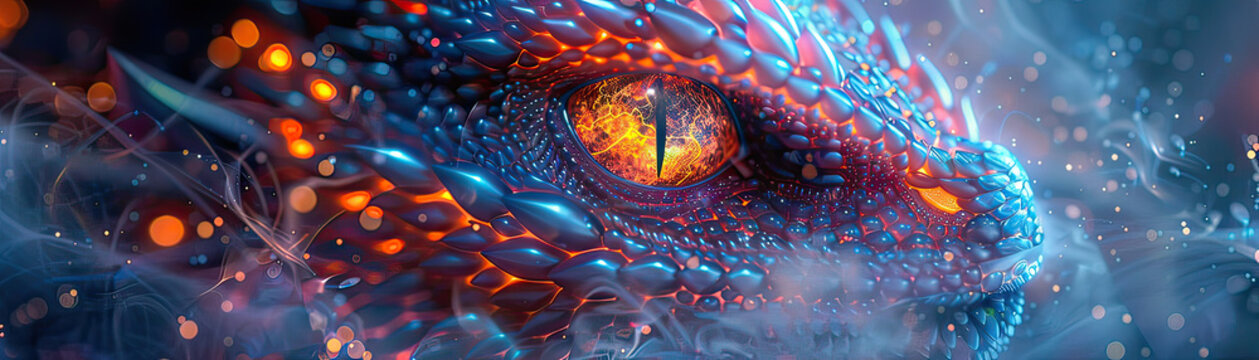 Fantasy dragon with holographic scales, glowing eyes, vibrant colors, mystical, 3D rendering