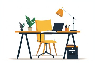 Wall Mural - Office Desk with laptop and lamp and chair flat Vector Illustration
