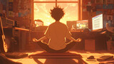 Fototapeta  - anime boy uses musicians to meditate in his room