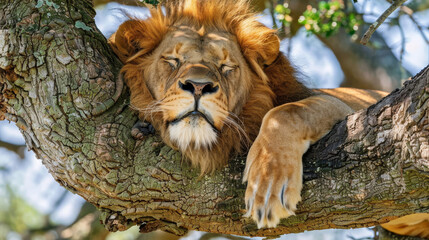 a majestic lion dozes off on a tree limb against a clear sky