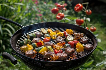 Wall Mural - A grill is filled with vegetables and meat, and the vegetables are being grilled