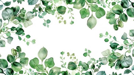 Wall Mural - Decorative watercolor illustration featuring lush green leaves arranged in a border pattern on a white background, copy space