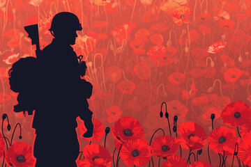 Wall Mural - red poppies and soldier's gear silhouette form a memorable memorial day vector.