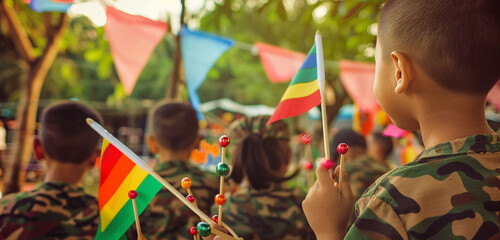 Wall Mural - children in camouflage, viewed from behind, wave mini flags during a lively memorial day event.